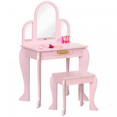 Qaba Kids Dressing Table And Chair Set, Girls Dressing Set, Makeup Desk With Drawer For 3-6 Years Ol|Qaba Ensemble Table De Maquillage, Coiffeuse Pour Filles, Bureau De Maquillage Avec Tiroir Pour Enfa