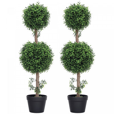 HOMCOM 2 Pack Artificial Boxwood Topiary Ball Trees, Fake Plants in Pot