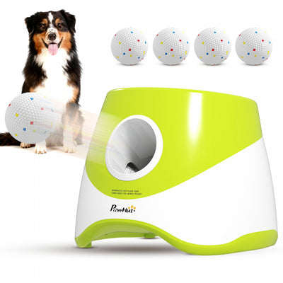 PawHut Automatic Dog Ball Launcher with 5 ETPU Tennis Balls, Dog Ball Thrower with 3 Distance Settings (20/33/46 ft), Indoor Outdoor Interactive Toy for Small Medium Breeds, Green