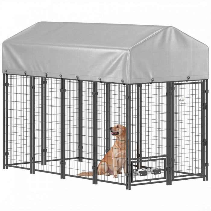 PawHut Outdoor Dog Kennel, Run, Large Wire Steel Fence, Lockable Pet Playpen Enclosure, with Water-, UV-Resistant Canopy Top, Door, Rotating Bowl Holders, 8ft x 4ft x 6ft, Silver