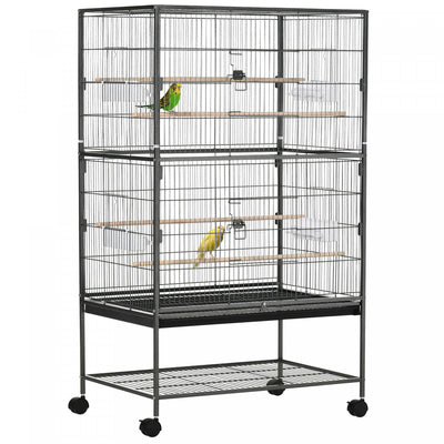Pawhut 52" Large Rolling Steel Bird Cage Bird House With Rolling Stand, Storage Shelf, Wood Perch, F|Pawhut Grande Cage A Oiseaux En Acier De 52'' Avec Support Roulant, Etagere De Rangement, Perchoir E