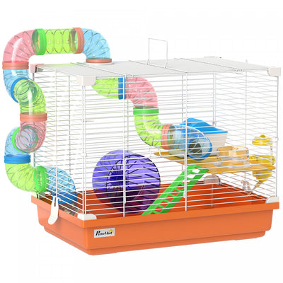 PawHut 18"L Hamster Cage, Small Animal House, 2-Level Rat Gerbil Haven with Tunnel Tube System, Exercise Wheel, Water Bottle, Food Dish, Ramp, Orange