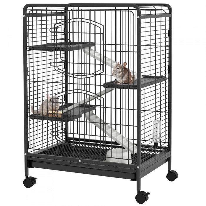 Pawhut 4-tier Small Animal Cage Pet Playpen For Rabbit Ferret Chinchilla On Wheels With Removable Tray Platform Ramp Food Dish Water Bottle, 24\" X 18\" X 37\"