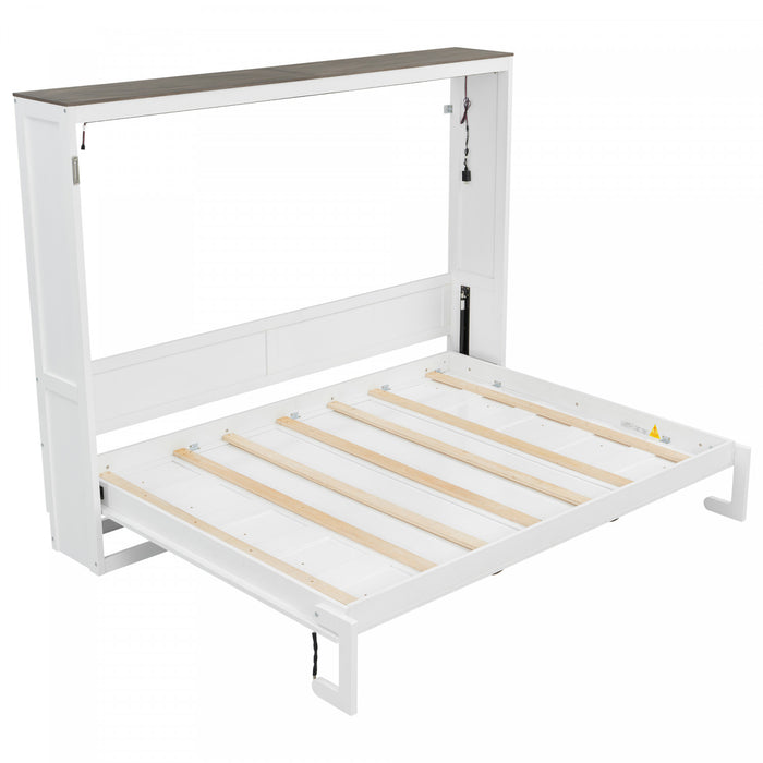 Olivia Solid Wood Murphy Bed with LED Light and Foldable Cabinet,Full Size,White Full Bed