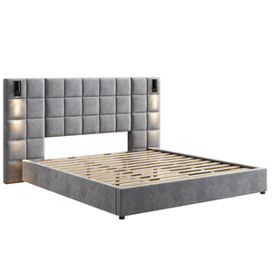 Ethan Velvet Platform Bed with Grid Headboard and USB Ports,Queen Size - Grey