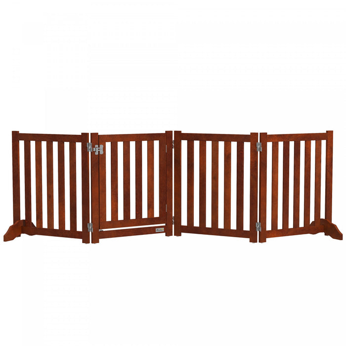 Pawhut Foldable Dog Gate With Door, 4 Panels Freestanding Pet Gate With Support Feet Indoor Playpen For Small Dogs And Below, Brown