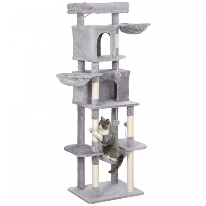 PawHut Cat Tree, 69\" Cat Tower for Indoor Kittens, Multi-Level Tower with 2 Condos, Scratching Posts, 2 Hammocks, Perches, Pompoms for Multiple Kitties, Light Grey