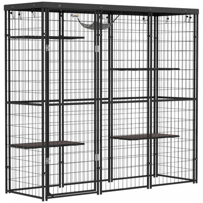 Pawhut Catio Outdoor Cat Enclosure, Weld Wire Outdoor Cat House With Waterproof Cover, 4 Jumping Platforms, Hammock, Cat Cage Indoor For 1-3 Kittens, 69" X 22" X 62", Black