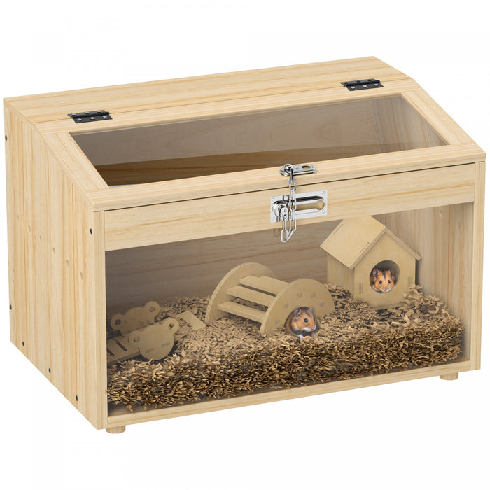 Pawhut 22\"l Hamster Cage, Small Animal Cage With Openable Top & Transparent Acrylic Windows, Hamster Enclosure With Hut, Seesaw, Ladder, For Dwarf Hamster, Gerbil, Natural Wood