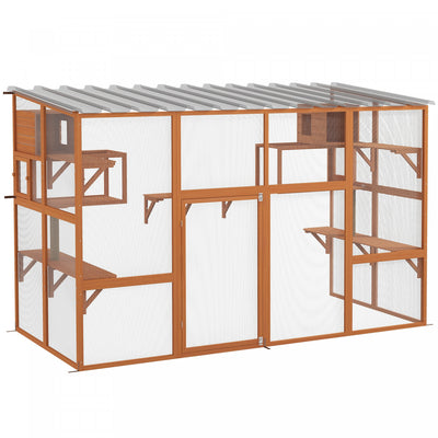PawHut Catio Outdoor Cat Enclosure, 76"Large Wooden Outdoor Cat House with Condos, Jumping Platforms, Scratching Posts, Waterproof Roof, Walk-in Kitty Cage for 1–5 Kittens, Orange