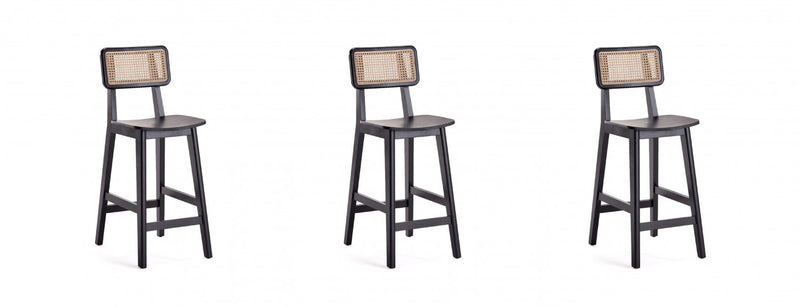 Versailles Industry Chic Cane Back Wood Counter Stool in Black and Natural - Set of 3