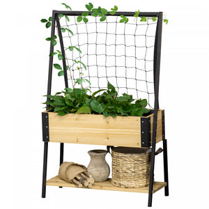 Outsunny Raised Garden Bed With Metal Trellis, Elevated Planter Box With Storage Shelf, Drainage Holes And Bed Liner For Flowers, Vegetable Vines, Climbing Plants - Natural