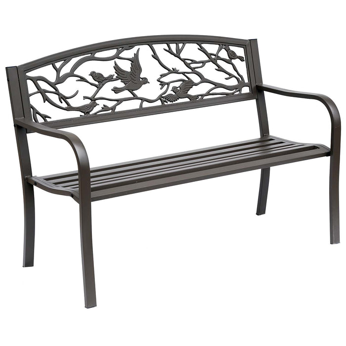 Outsunny 50\" Outdoor Metal Garden Bench With Vintage Bird Pattern, Brown
