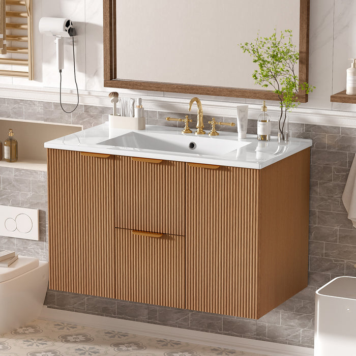 Aiden 36-Inch Wall-Mounted Bathroom Vanity with Soft-Close Storage and Ceramic Sink,Wood