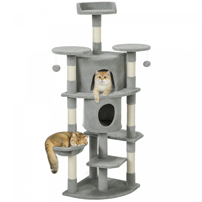 PawHut Cat Tree, 62\" Multi-Level Cat Tower with Scratching Posts, 2 Condos, Hammock, Perches, Plush, Pompoms, for Indoor Kittens Playing, Resting, Sleeping, Light Grey
