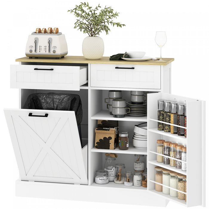 HOMCOM Tilt Out Trash Cabinet, Kitchen Island with 2 Drawers, White