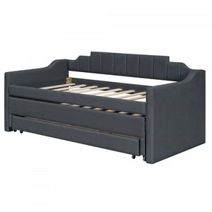 Hogan Linen-look Fabric Upholstered Daybed With Trundle And Storage Drawers, Twin Size, Grey