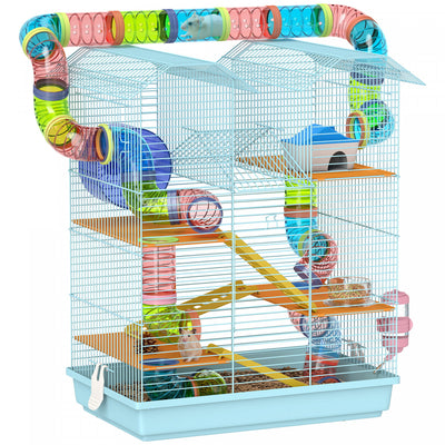 Pawhut 18.5" Hamster Cage, 5 Tiers Small Animal House With Tunnel Tube System, Exercise Wheel, Water Bottle, Food Dish, Ramp, Light Blue