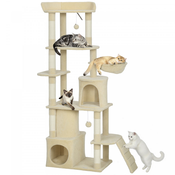 PawHut Cat Tree, 67\" Large Cat Tower for Indoor Kittens Multi-Level with 7 Scratching Posts, Tunnel, 2 Plush Condos, Hammock, Perch, Ramp, Pompoms, Beige