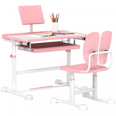 Qaba Kids Desk And Chair Set, Height Adjustable Kids Study Table And Chair Set With Tilt Desktop, La|Qaba Ensemble Bureau Et Chaises Pour Enfants, Table D'etude Et Chaises Reglables En Hauteur Avec Bur