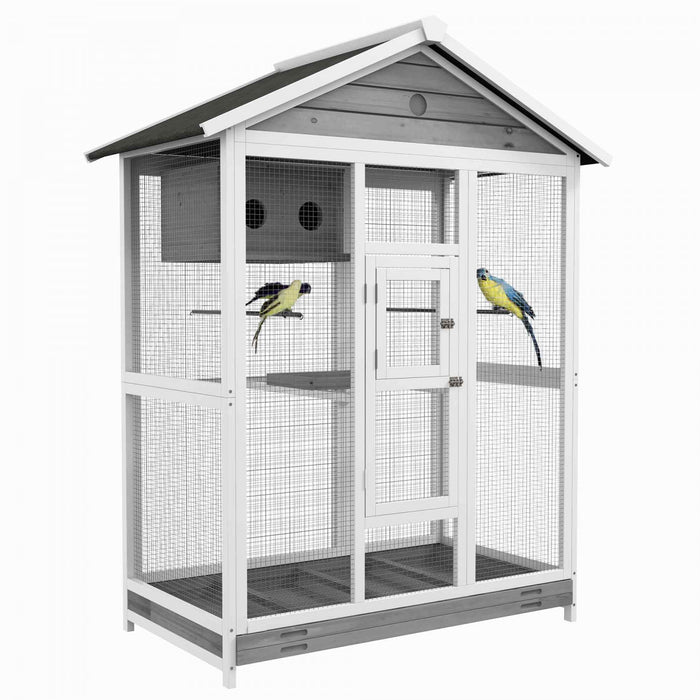 Pawhut 65\" Bird Cage Large Wooden Aviary For Canary With Standing Pole Nest Slide-out Tray, For Indoor Outdoor, Grey