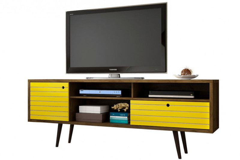 Manhattan Comfort Liberty 70.86\" Mid-Century Modern TV Stand with 4 Shelving Spaces & 1 Drawer - Rustic Brown & Yellow