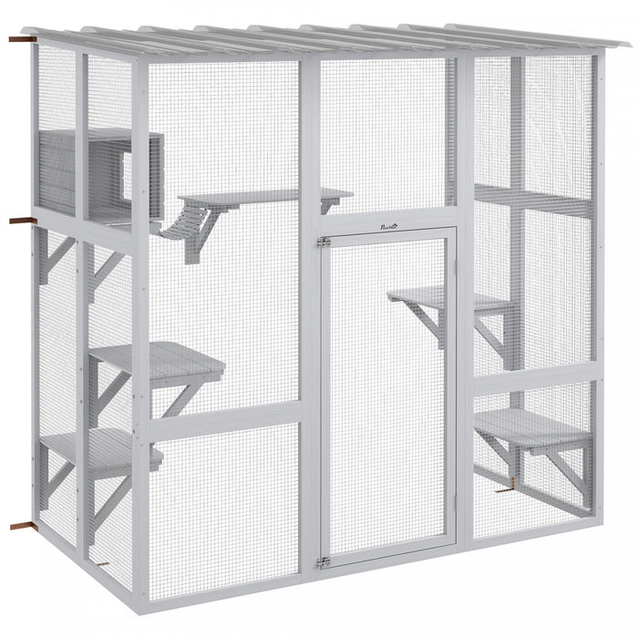 Pawhut Catio Outdoor Cat Enclosure, Wooden Outdoor Cat House Window Box With Weatherproof Roof, Bridge, Resting Box, Platforms, Cat Cage For 2 Kittens, White