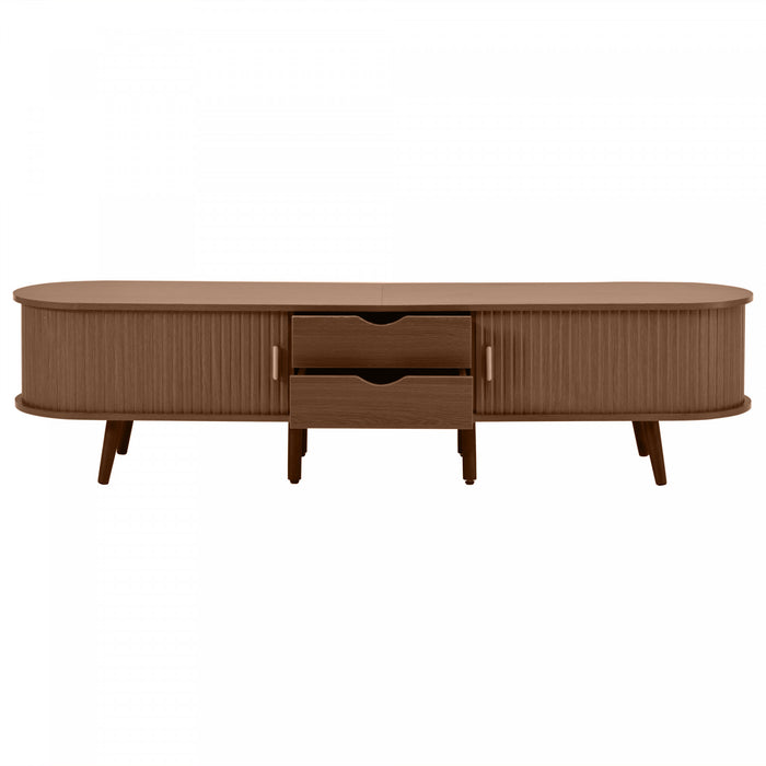 Ethan Oval TV Stand Media Console with Sliding Doors and Drawers,Dark Oak