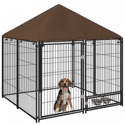 Pawhut Dog Run, 4.6' X 4.6' X 5' Outdoor Dog Kennel With Canopy, Rotating Bowls, Door For Backyard &|Pawhut Chenil Exterieur Pour Chien De 4.6' X 4.6' X 5' Avec Auvent, Bols Rotatifs, Porte Pour Cour E