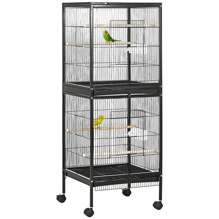 Pawhut 55.1\" 2 In 1 Bird Cage Aviary Parakeet House For Finches, Budgies With Wheels, Slide-out Trays, Wood Perch, Food Containers, Black