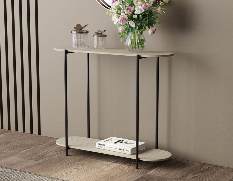 32\" Oval Shape Console Table With 1 Storage Shelf - Natural Wood Look With Black Metal
