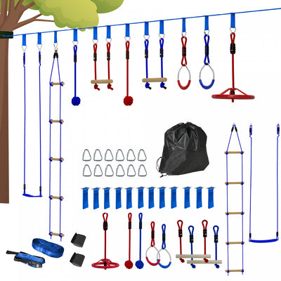 Qaba 32.8ft Ninja Zipline, Slackline Warrior Obstacle Course for Kids with Monkey Bars, Swing, Climbing Ladder, Gym Rings, Gripping Balls, Hanging Tray, for Backyard Outdoor Garden