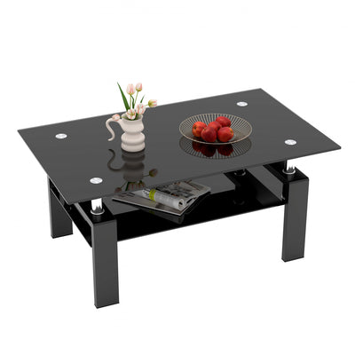 Liam Modern Rectangle Clear Tempered Glass Coffee Table,Black | Table basse moderne rectangulaire en verre trempe transparent Liam, avec pieds noirs