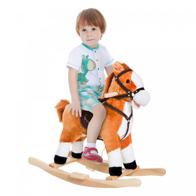 Qaba Kids Rocking Horse Child Plush Ride On Toy With Realistic Sound Red Brown|Qaba Cheval A Bascule En Peluche Pour Enfant Avec Son Realiste Rouge Marron