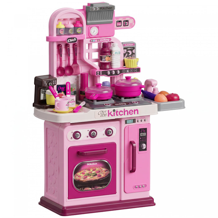 Qaba Play Kitchen, Kids Kitchen Playset Toy Kitchen with Lights, Sounds, 33 Accessories, Storage, Interactive Playset for Toddler 3-6 Years, Pink
