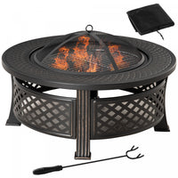 Outsunny Outdoor Fire Pit, Round Firepit With Grill Net, Mesh Lid, Bronze