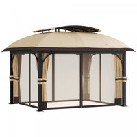 Outsunny 11' x 13' Double Roof Gazebo With Netting & Curtains, Khaki