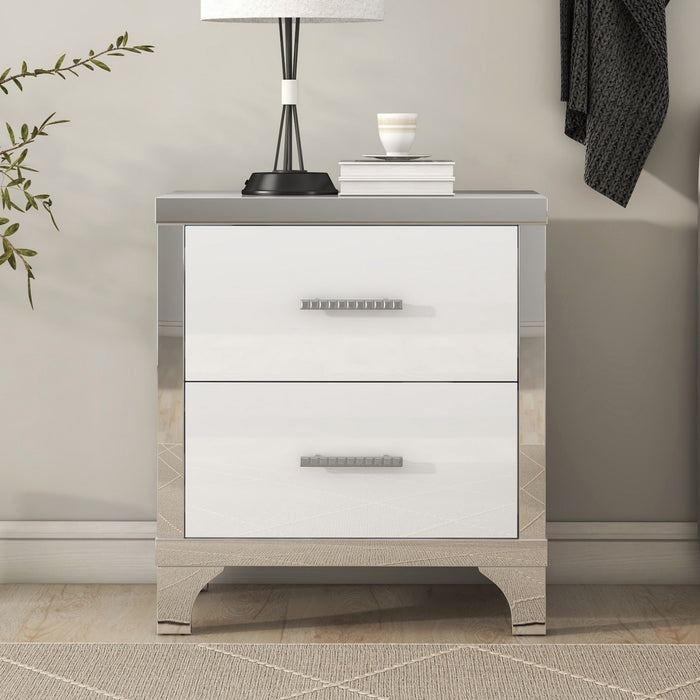 Sophia High Gloss Nightstand with 2 Drawers and Metal Handles,White
