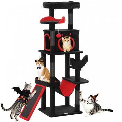 PawHut Gothic Cat Tree, 60" Multi-Level Cat Tower for Indoor Kittens Large Adult with Coffin Bed, Sisal Scratching Posts & Ramp, Condo, Hammock, Perches, Dangling Toys, Black