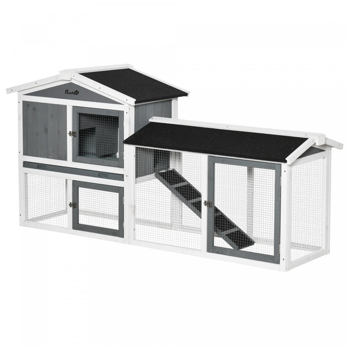 PawHut 69\" Wooden Rabbit Hutch Pet Playpen Bunny House Enclosure with Run Box, Slide-out Tray, Ramp, for Rabbits and Small Animals, White