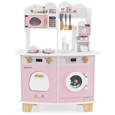Costway Wooden Kids Kitchen Playset Pretend Play Kitchen With Coffee Maker & Microwave