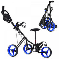 Costway Foldable 3 Wheel Push Pull Golf Club Cart Trolley W/seat Scoreboard Bag Blue