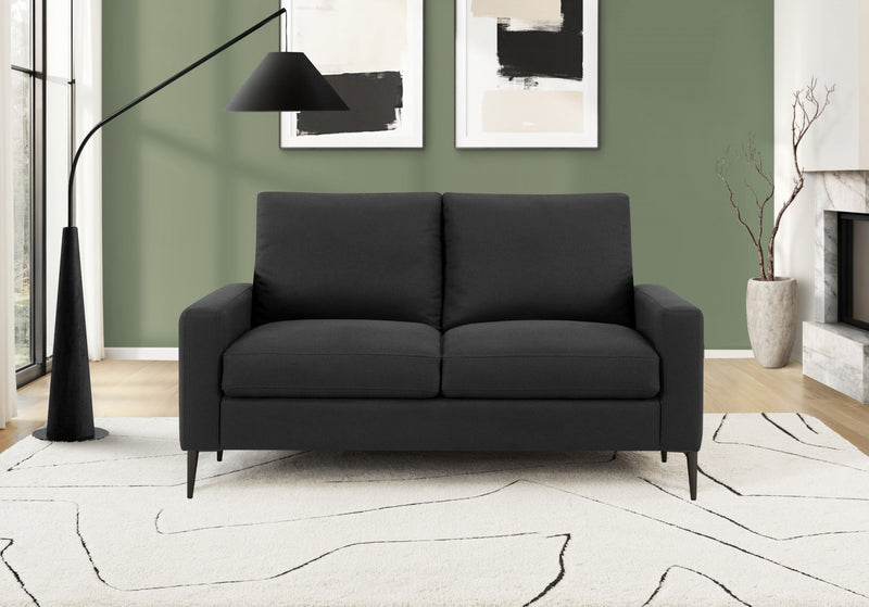 Upholstered Love Seat, 58\" L, Black Fabric, Black Metal Legs, Modern Loveseat