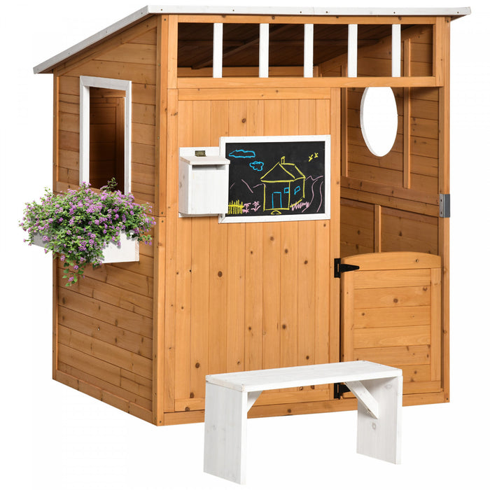 Outsunny Wooden Outdoor Playhouse for Kids with Working Door, Windows, Mailbox, Bench, Flowers Box and Blackboard for Age 3-8, Yellow