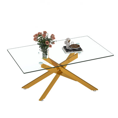 Olivia 39.37" Rectangular Glass Coffee Table with Stylish Metal Legs,Gold | Table basse rectangulaire en verre de 39,37" Olivia avec pieds metalliques elegants, doree
