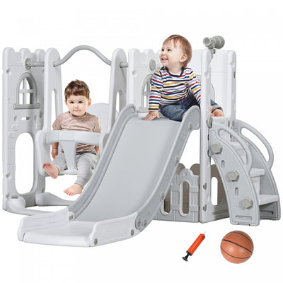 Qaba 6-in-1 Slide And Swing Set With Basketball Hoop, Climber, Baby Swing Set Indoor Playground With|Qaba Ensemble Toboggan Et Balancoire 6 En 1 Avec Panier De Basket, Grimpeur, Balancoire Pour Bebe, A