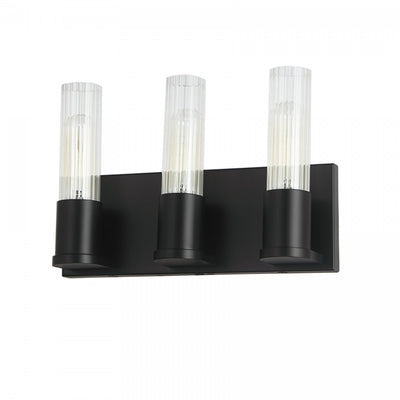 Dainolite Tube 3 Light Vanity Light Matte Black Clear Fluted Glass Lamp|Lumière de coiffeuse Tube de Dainolite en verre cannelé transparent, avec fini noir mat et 3 ampoules