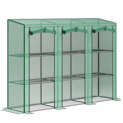 Outsunny Lean-to Mini Greenhouse W/ 3 Tier Shelves, 3 Roll-up Doors, Green|Outsunny Mini Serre Adossee Avec 3 Etageres, 3 Portes Enroulables, Vert