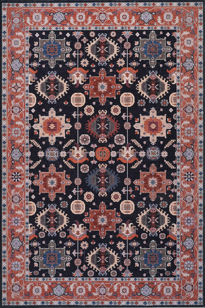 Aqua Black Star Washable Non-slip Low Pile Area Rug 5'x7' | Tapis Etoile Noire Lavable Antiderapant A Poils Ras 5'x7'