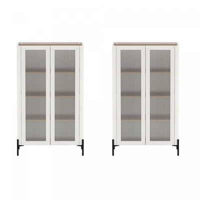 Abbey Modern 32" Tempered Glass Bookcase Cabinet in Maple and Off White (4-Shelf) - Set of 2 | Armoire bibliotheque moderne Abbey 32" en verre trempe, erable et blanc casse (4 etageres) - Lot de 2